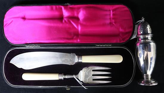 A cased pair of late Victorian ivory handled silver fish servers and a plated sugar sifter.